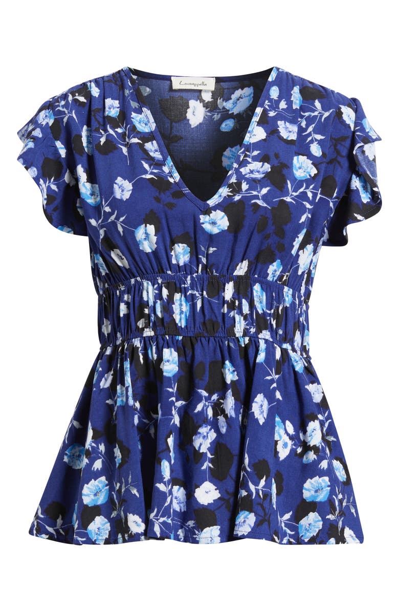Loveappella Floral Flutter Sleeve Peplum Top, Alternate, color, Blue