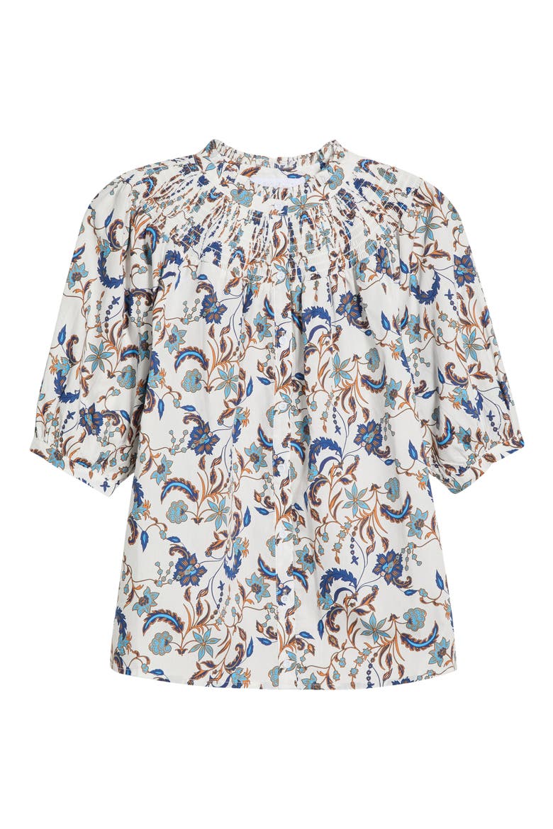Ralston Smocked Floral Cotton Button-Up Top, Alternate, color, OFF-WHITE-MULTI
