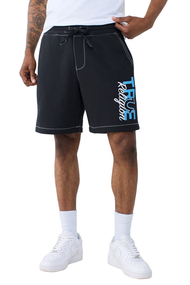 Stay True Big T Fleece Drawstring Sweat Shorts, Main, color, JET BLACK