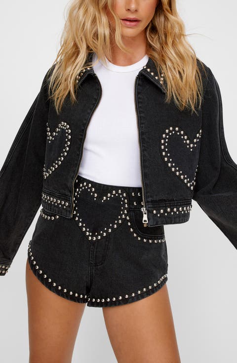 Heart Studded Crop Denim Jacket