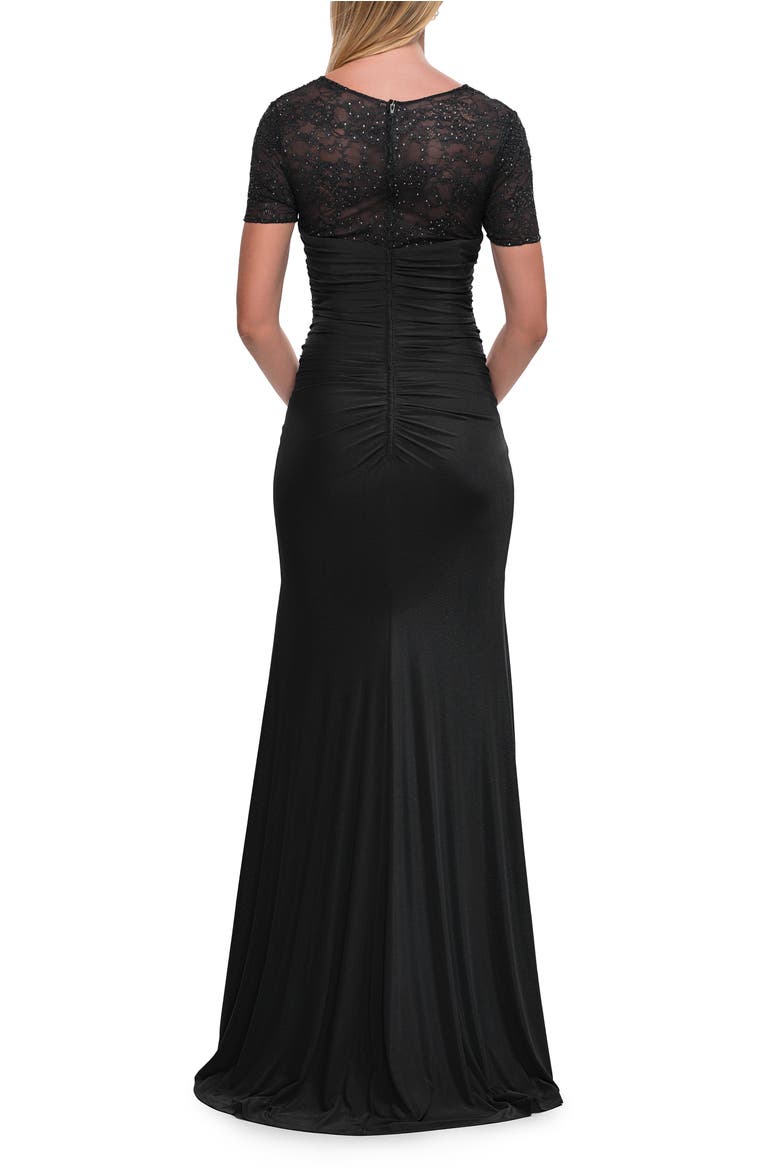 Ruched Lace Bodice Gown with Draped Skirt, Alternate, color, Black