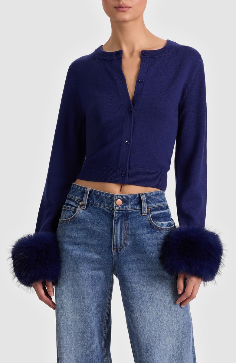 Alice + Olivia Dollie Faux Fur Cuff Wool Cardigan, Main, color, Midnight Blue