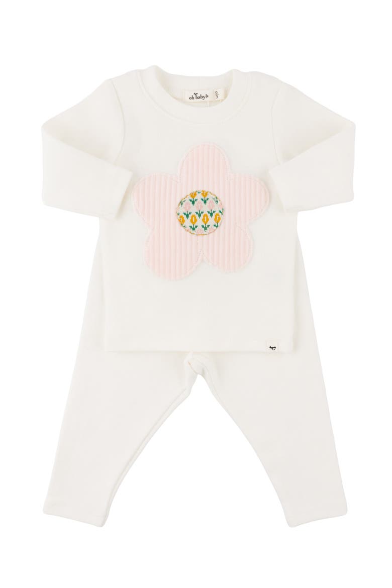 Quilted Flower Applique Long Sleeve Two Piece Set, Main, color, Cream