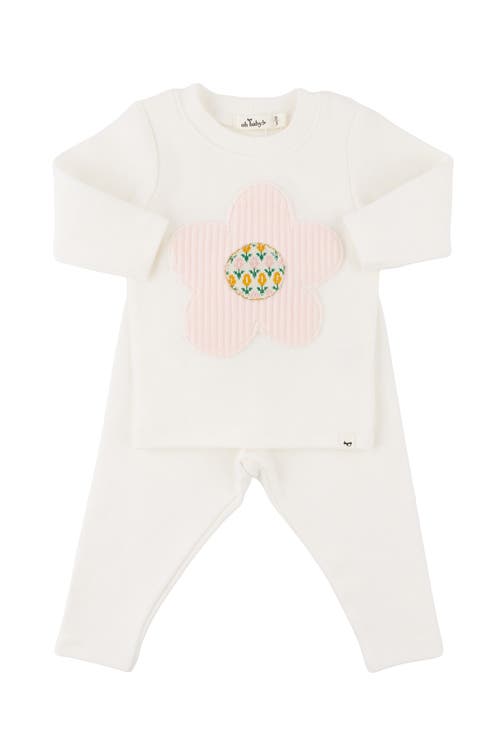 Oh Baby ! Quilted Flower Applique Long Sleeve Two Piece Set In Cream