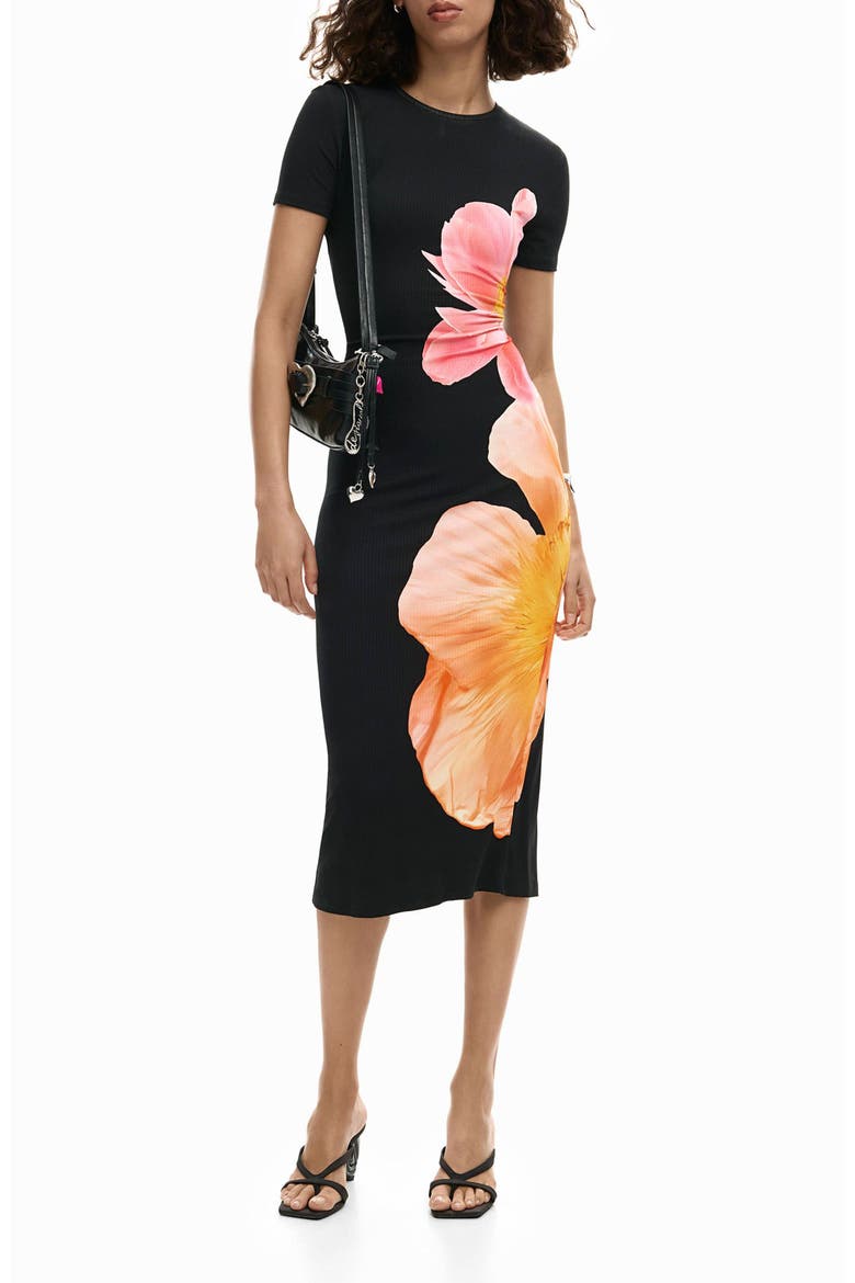 Floral Midi Dress, Main, color, BLACK