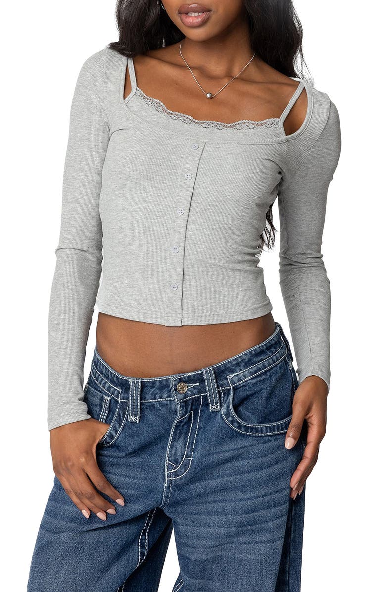 EDIKTED Josi Layered Rib Top, Main, color, Gray-Melange