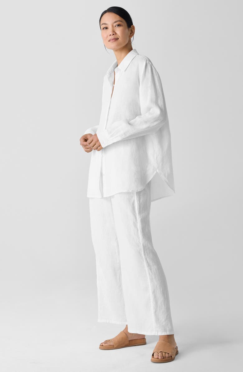 Eileen Fisher Classic Collar Organic Linen Long Button-Up Shirt, Alternate, color, White