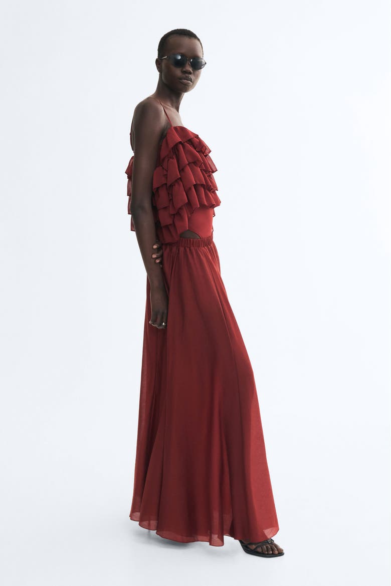 Ruffled Open-Shoulder Bodysuit, Alternate, color, Dark red