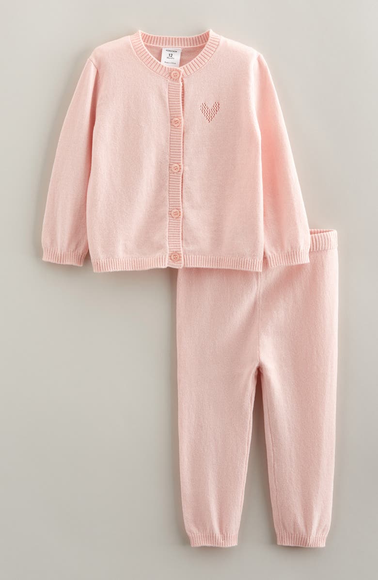 Nordstrom Pointelle Heart Cardigan & Sweater Pants Set, Main, color, Pink Lotus