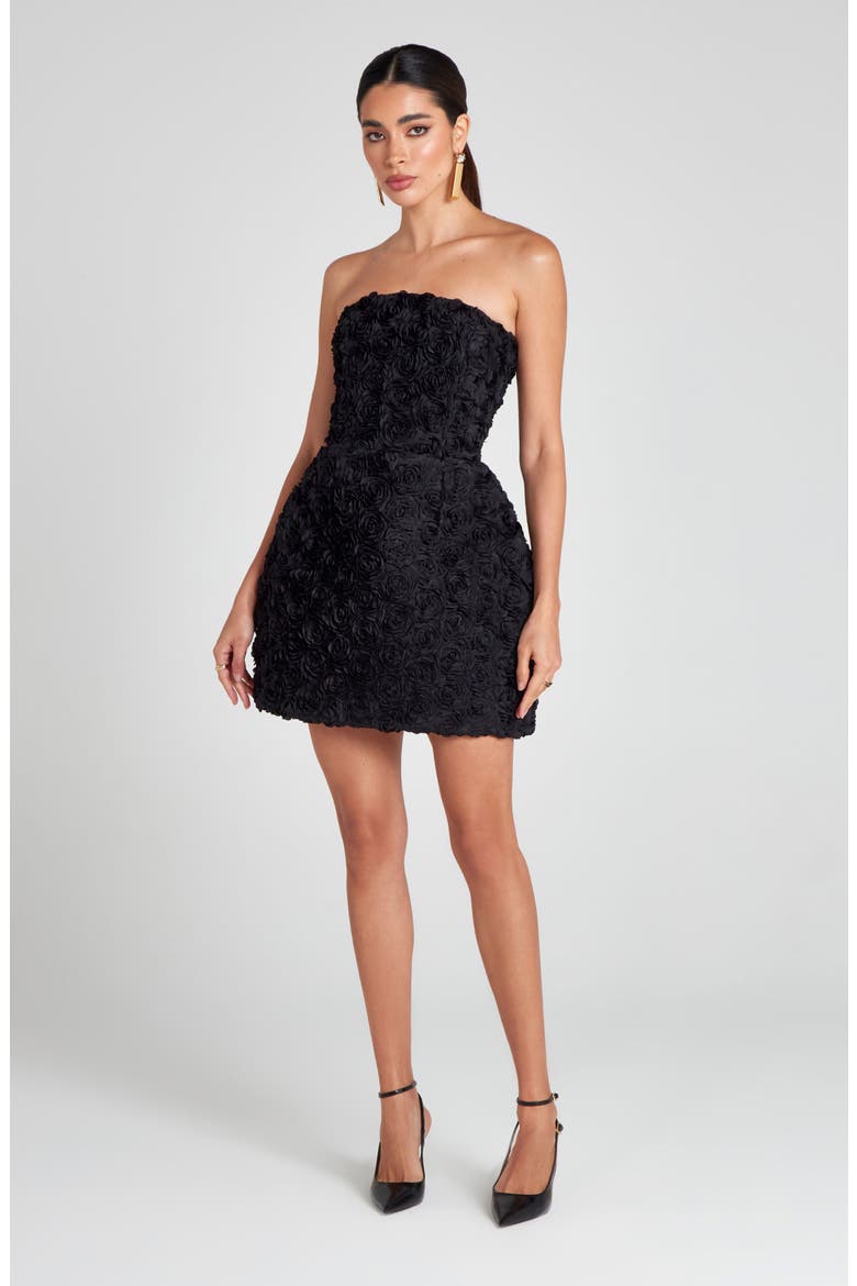Maisy Rosette Strapless Minidress, Alternate, color, BLACK
