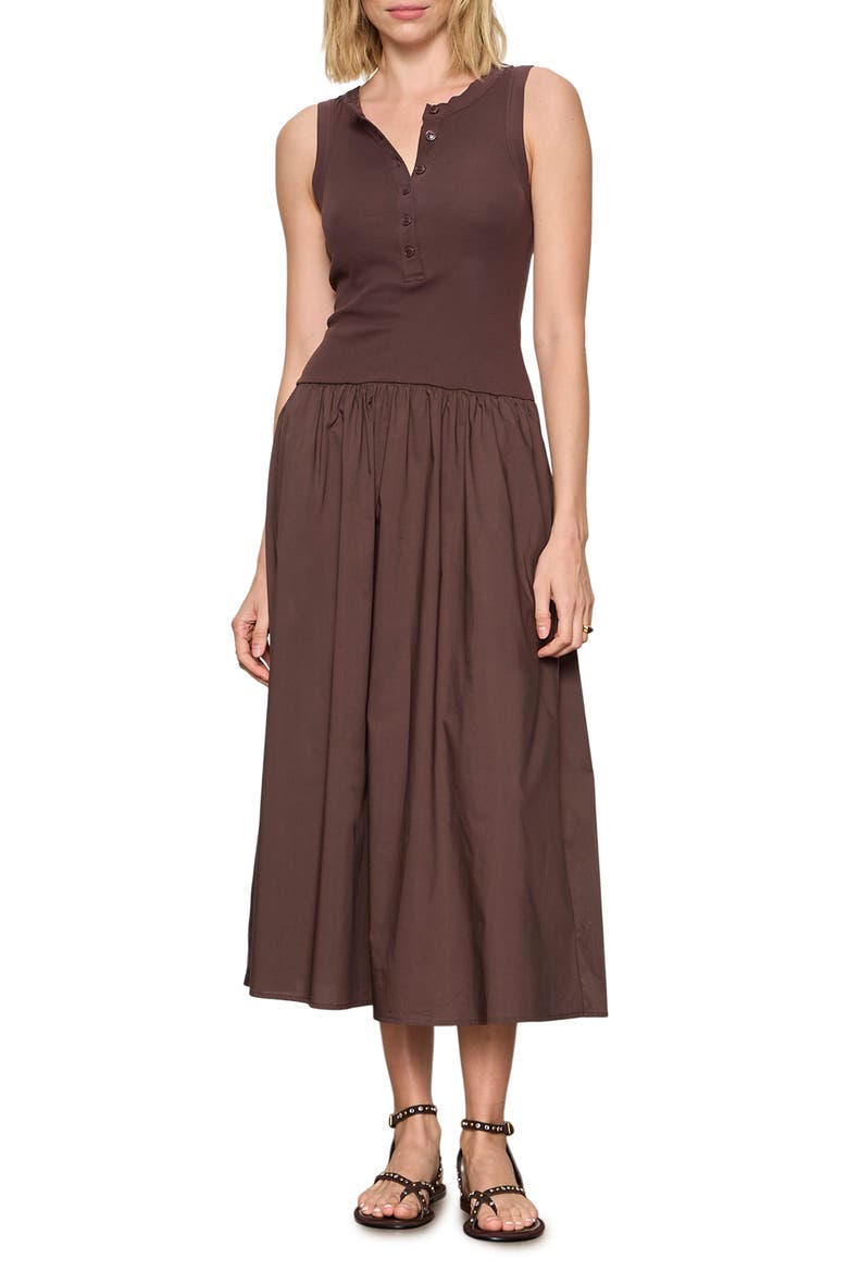 Breakaway Mixed Media Cotton Midi Dress, Alternate, color, RICH SOIL BROWN