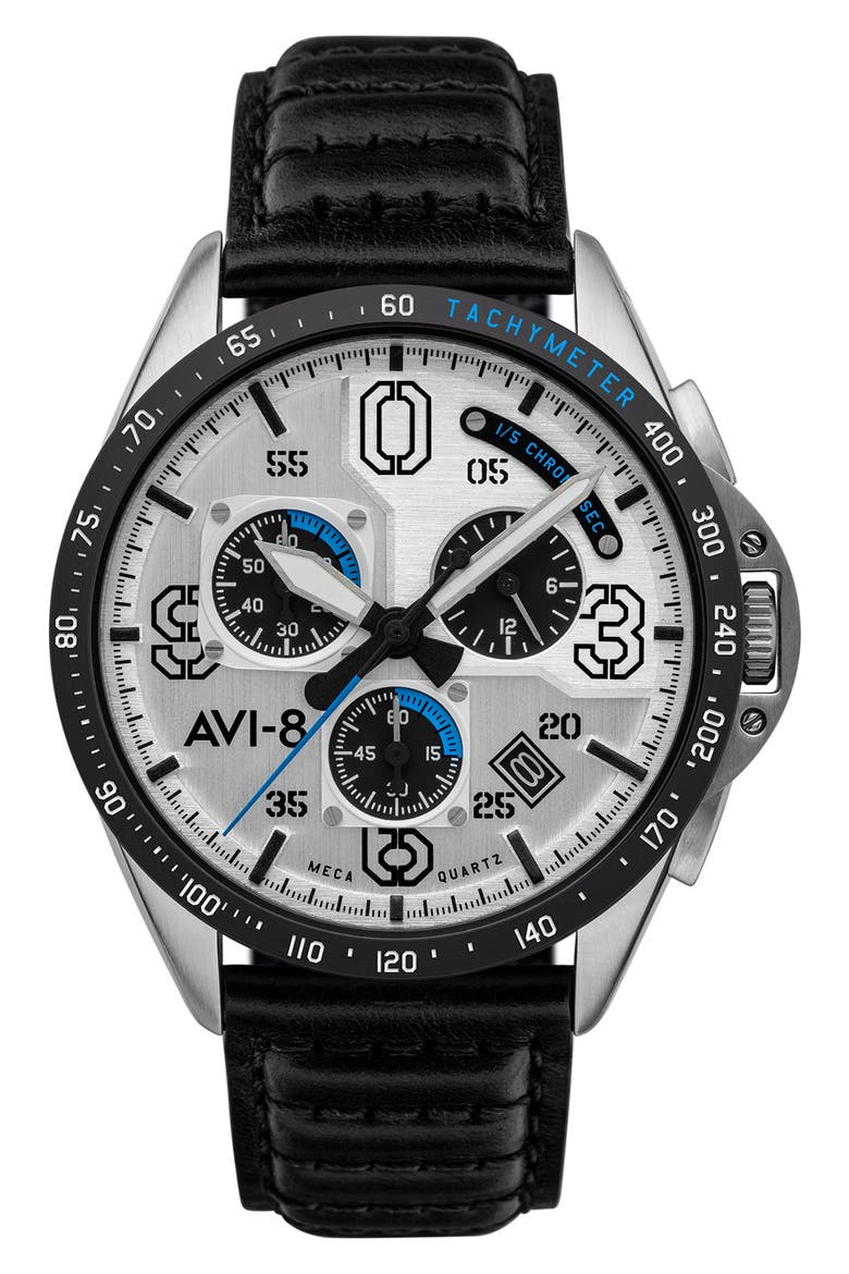 P-51 Mustang Blakeslee Chronograph Leather Strap Watch, 43mm, Main, color, WHITE