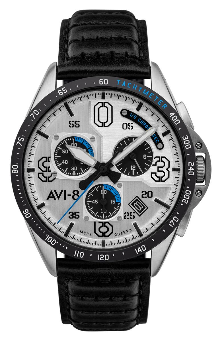 AVI-8 P-51 Mustang Blakeslee Chronograph Leather Strap Watch, 43mm, Main, color, White