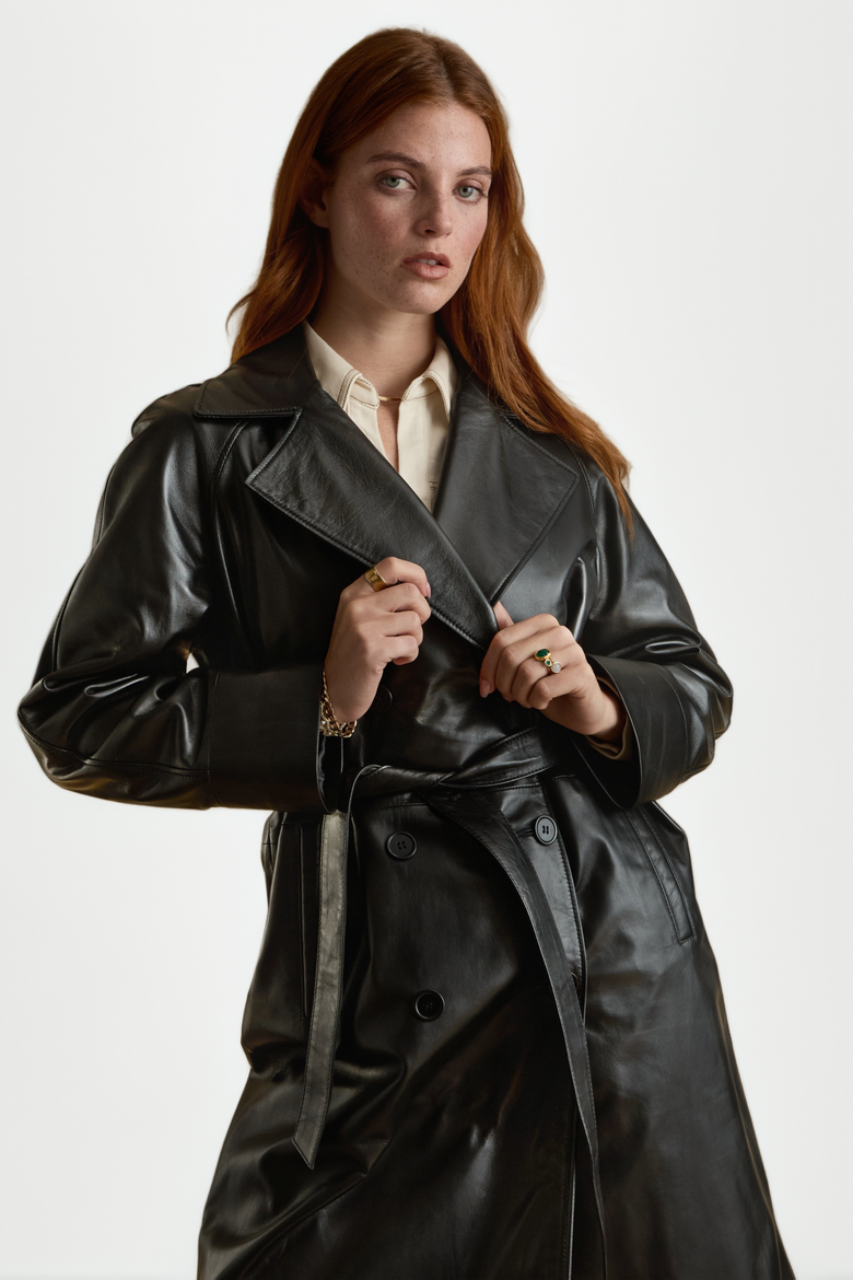 Sloane Leather Trench Coat, Alternate, color, Black