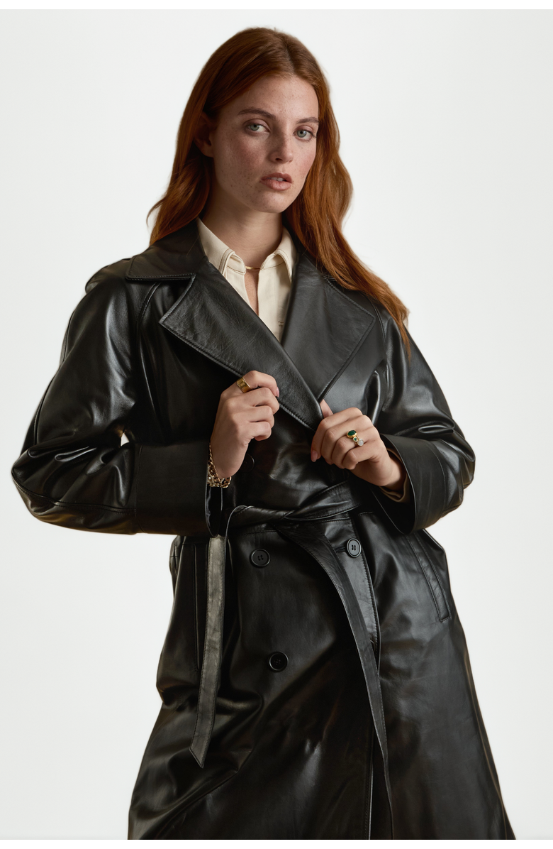 Furniq UK Sloane Leather Trench Coat, Alternate, color, Black