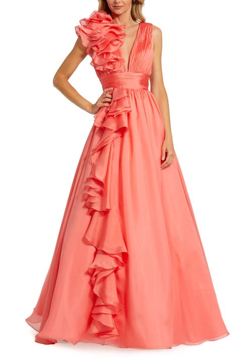Ruffle Shoulder V-Neck Chiffon Gown