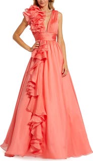 Mac Duggal Ruffle Shoulder V-Neck Chiffon Gown