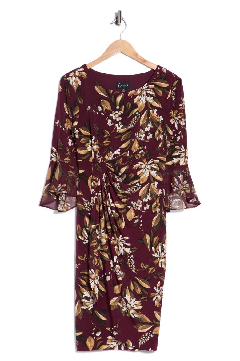 Bell Sleeve Gathered Midi Dress, Alternate, color, CABERNET
