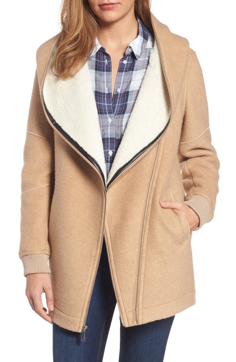 BCBGeneration Asymmetrical Hooded Wool Blend Coat, Main, color,
