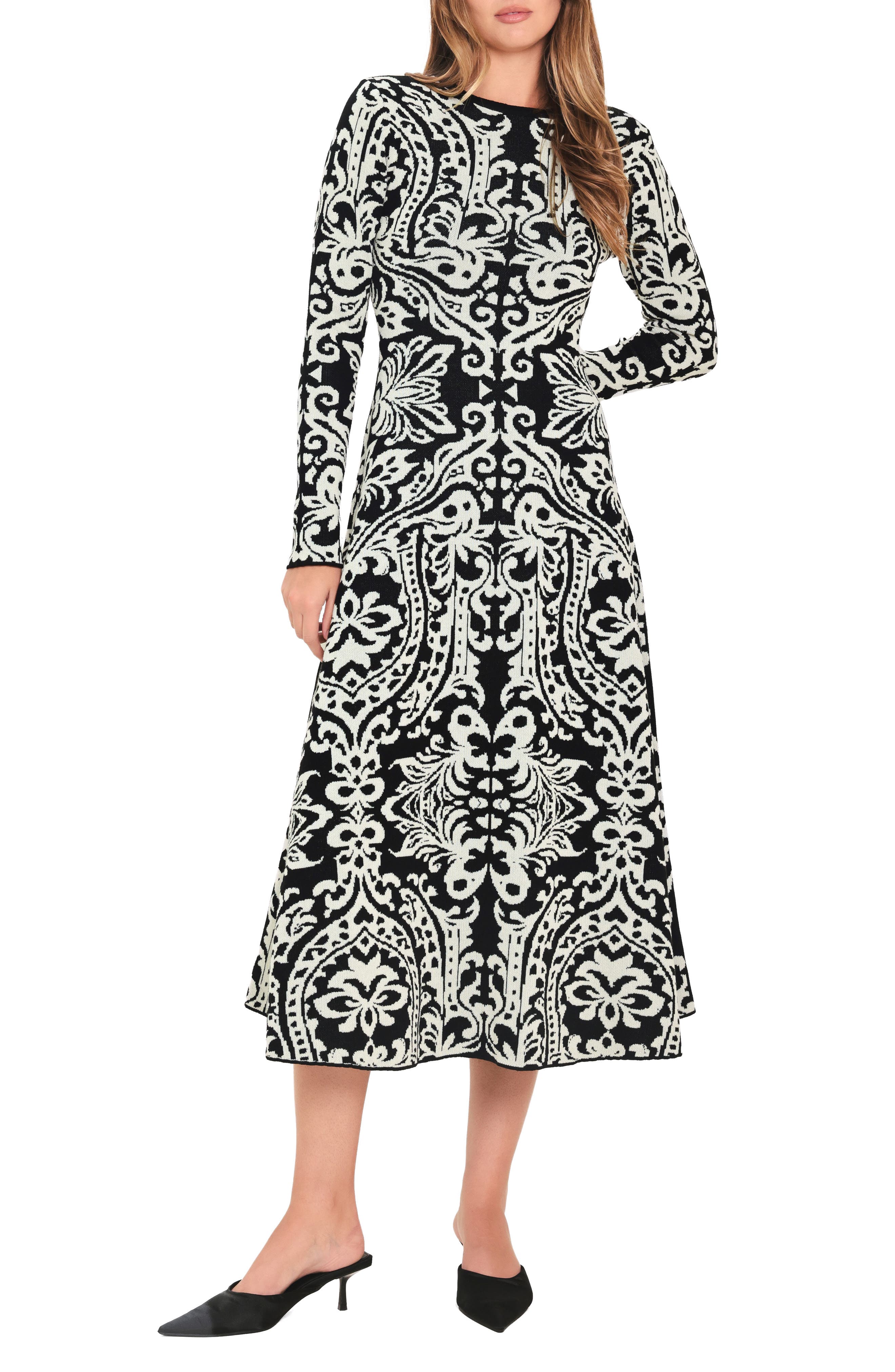 Patterned Long Sleeve Sweater Dress