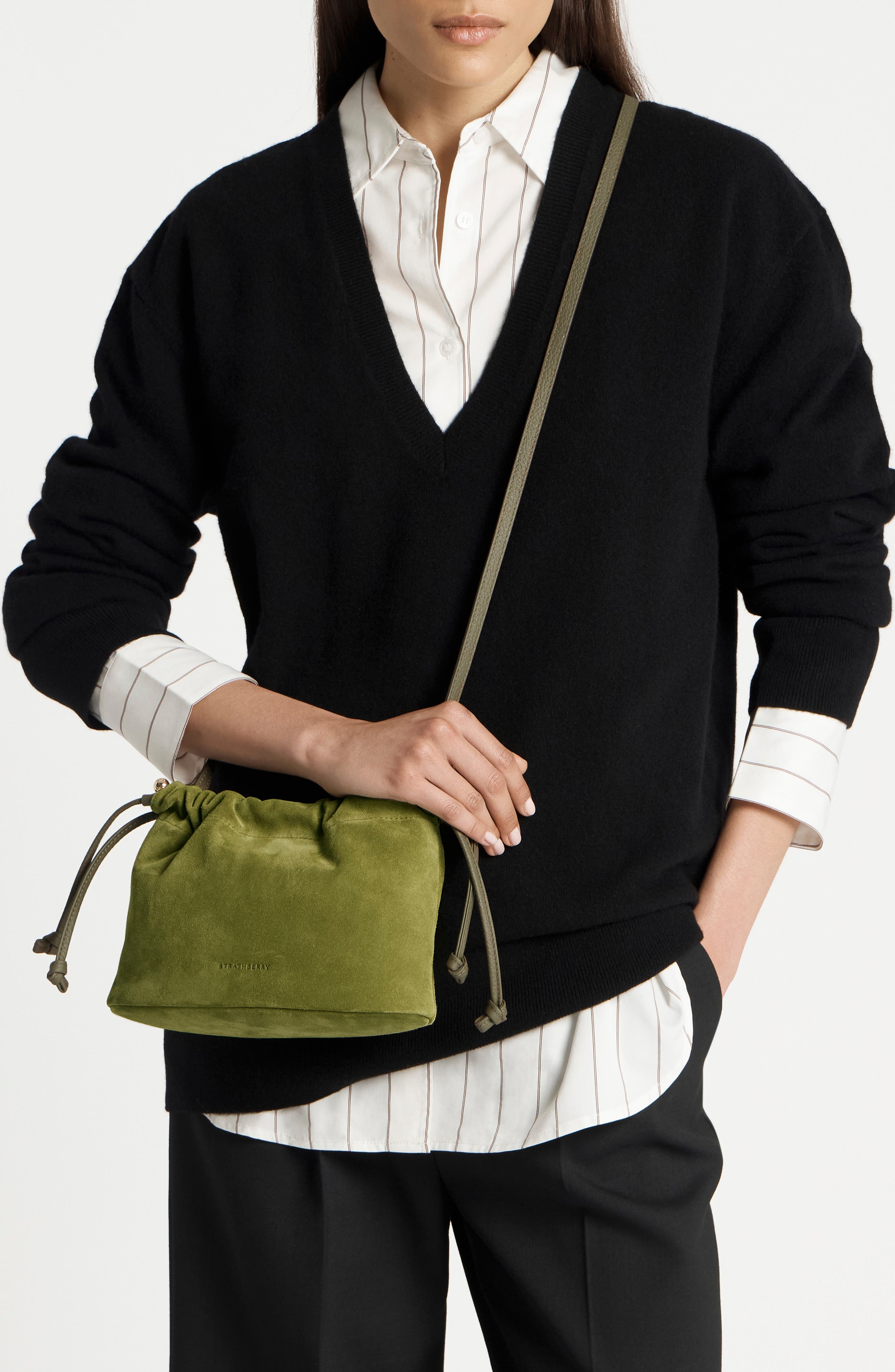 Drawstring Suede Crossbody Bag, Alternate, color, LIME/ KHAKI