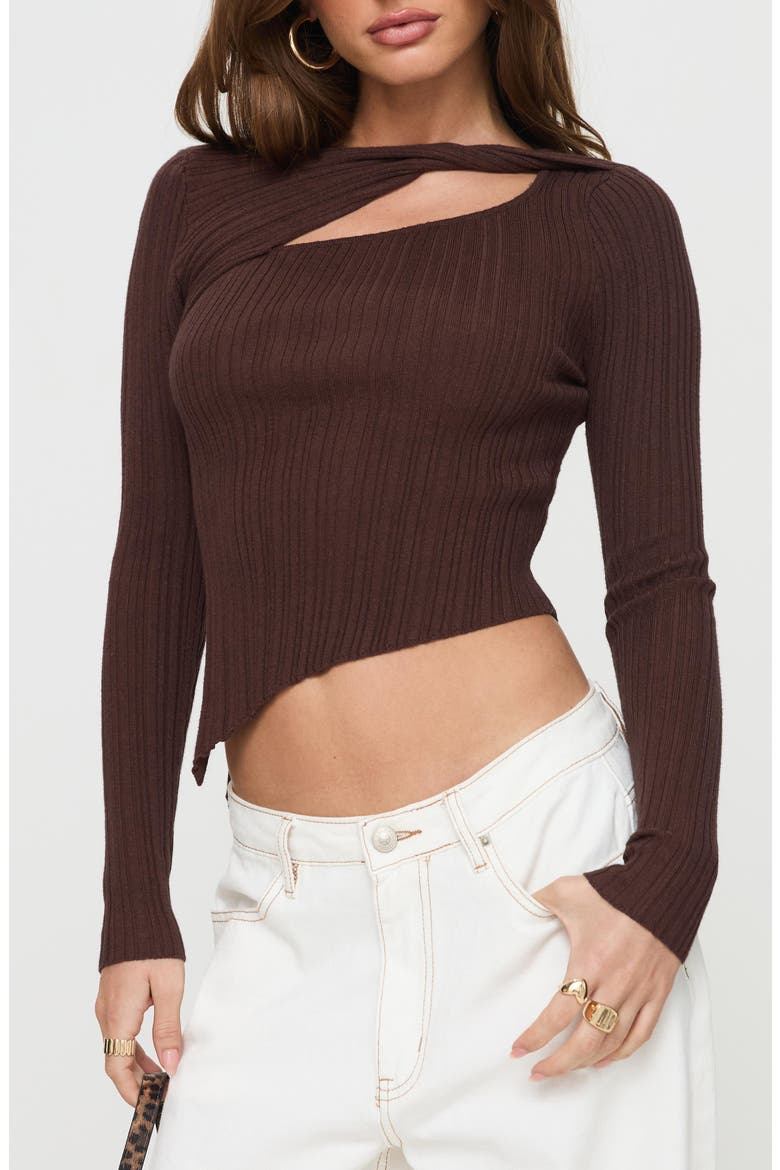 Ellara Cutout Asymmetric Rib Top, Main, color, BROWN