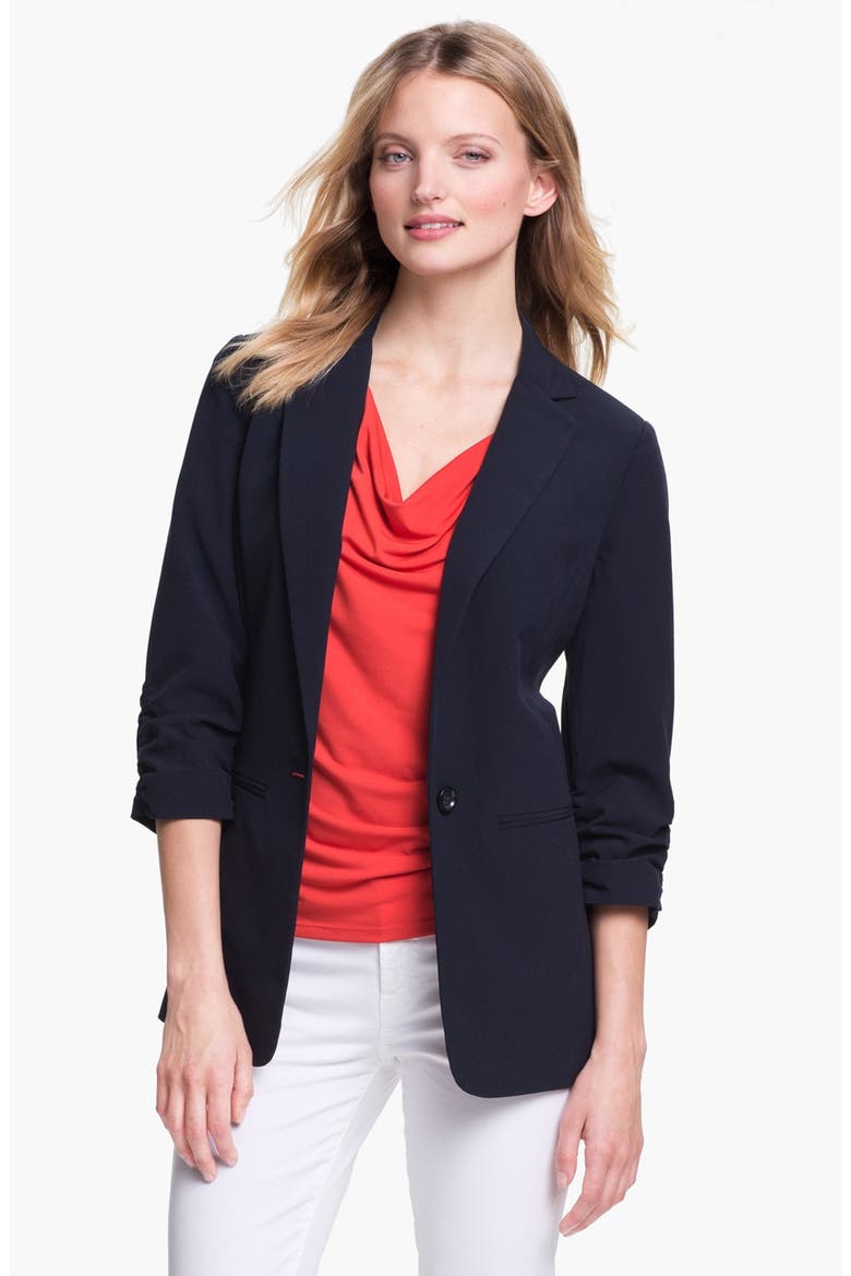 Ruched Sleeve Boyfriend Jacket, Main, color, NEW NAVY
