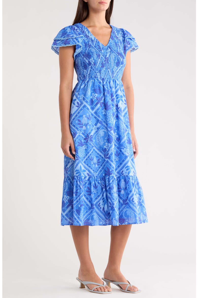 Kaidy Tropical Print Midi Dress, Alternate, color, BLUE MULTI