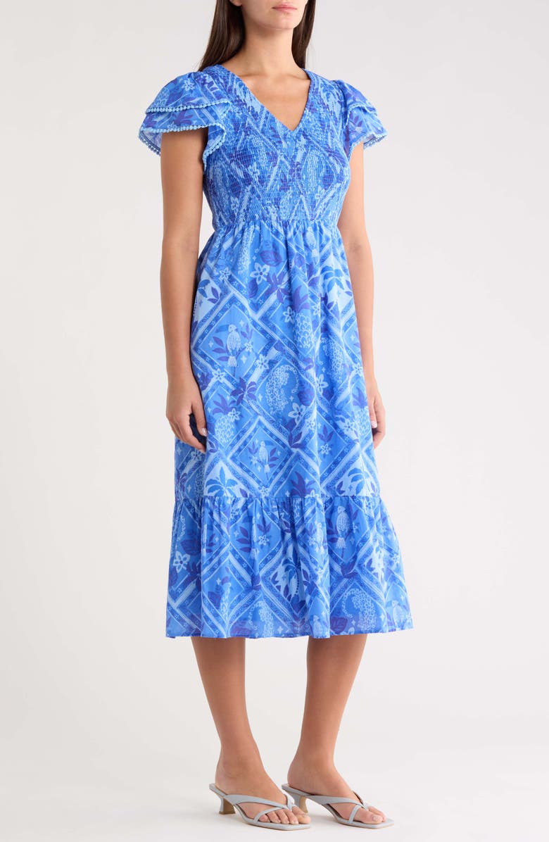 SUGARLIPS Kaidy Tropical Print Midi Dress, Alternate, color, Blue Multi