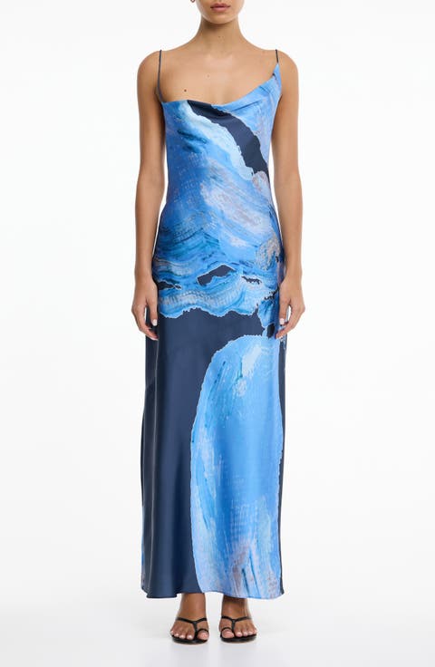 Alis Asymmetric Abstract Print Gown