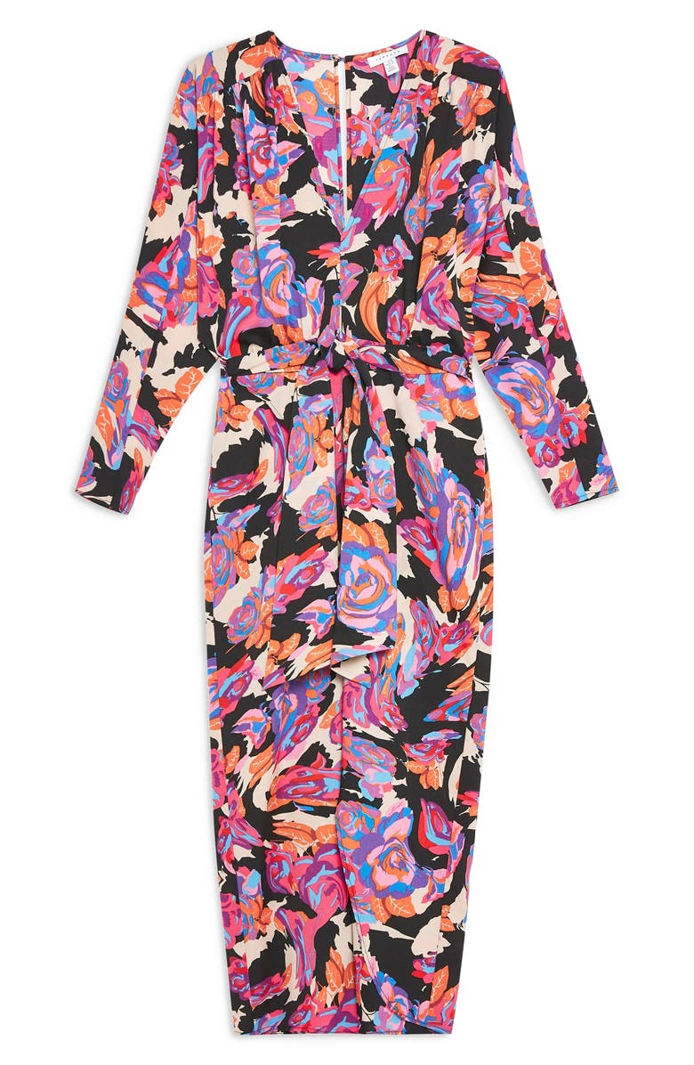 Topshop Belted V-Neck Long Sleeve Midi Dress, Alternate, color, 