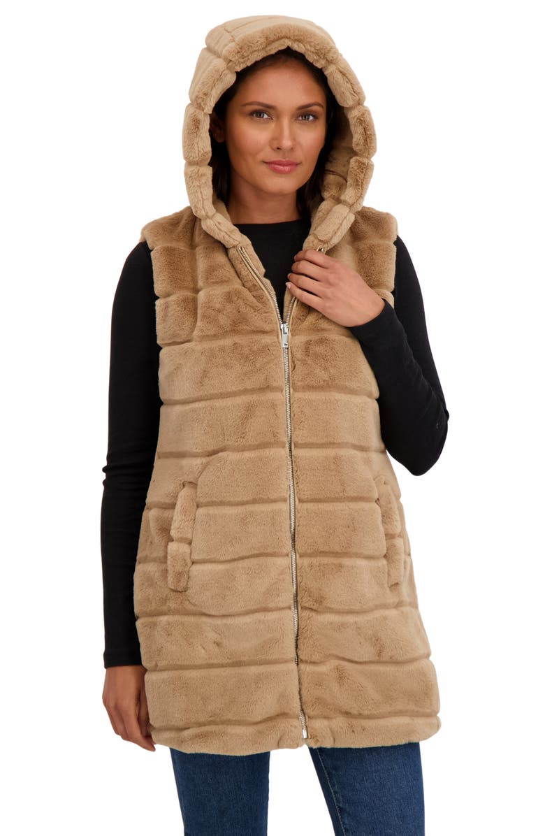Sebby Faux Fur Hooded Vest, Alternate, color, Camel