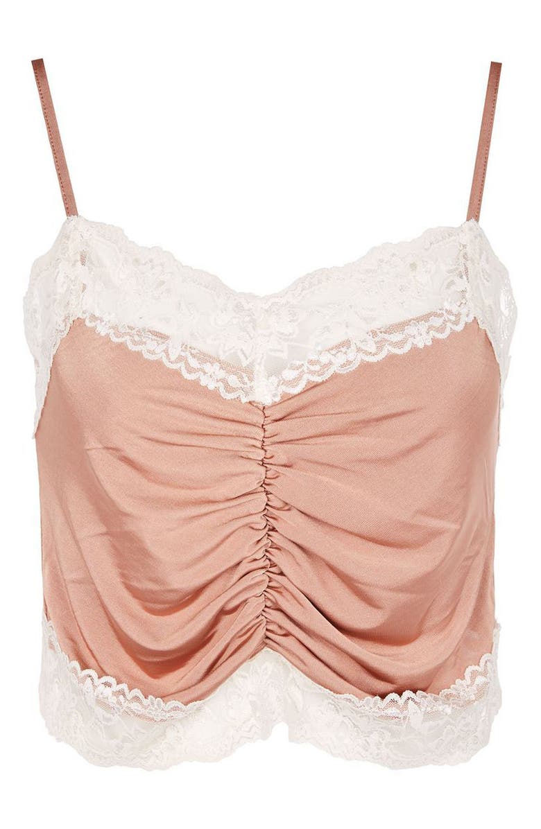 Topshop Ruched Satin & Lace Camisole, Alternate, color,