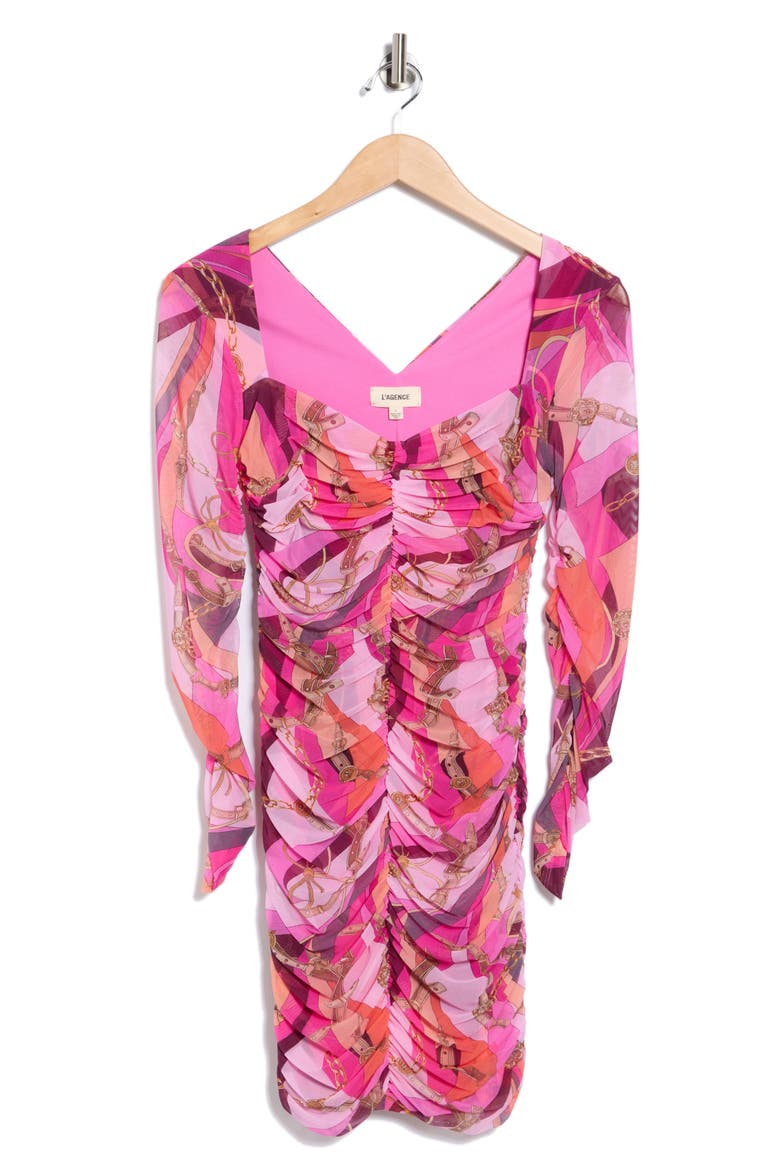 Lolisa Ruched Long Sleeve Mesh Minidress, Alternate, color, PINK MULTI BUCKLE SWIRL
