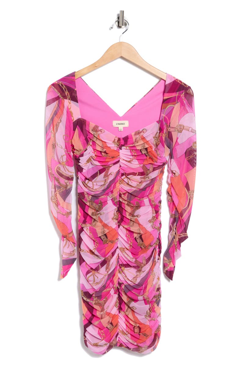 L'AGENCE Lolisa Ruched Long Sleeve Mesh Minidress, Alternate, color, Pink Multi Buckle Swirl