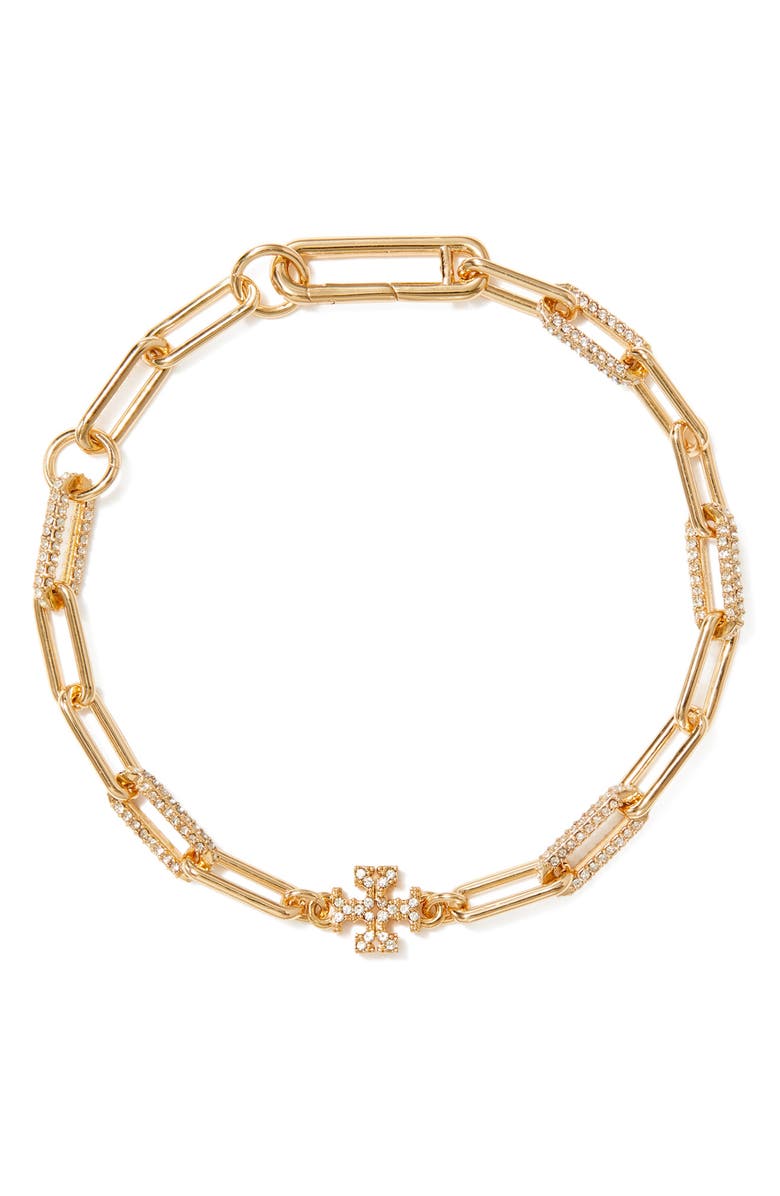 Tory Burch Icon Pavé Chain Bracelet, Main, color, Tory Gold / Crystal