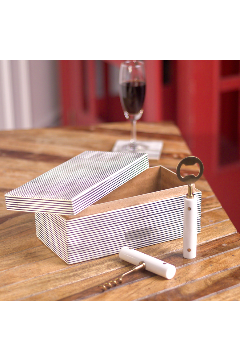 Pinstripe Inlay Bar Accessories Gift Set, Wooden Box with Corkscrew & Bottle Opener, Alternate, color, Black/Grey Pinstripe