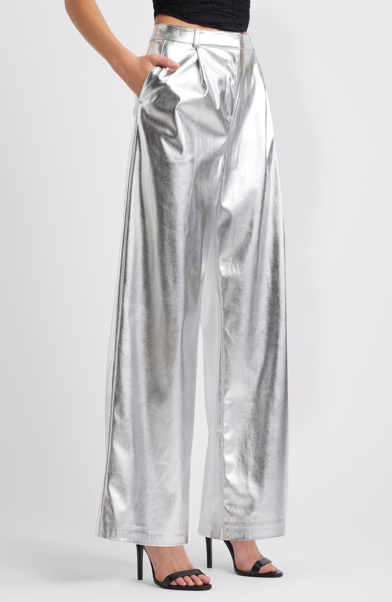 Open Edit Metallic Faux Leather Pants, Alternate, color, Silver Metallic