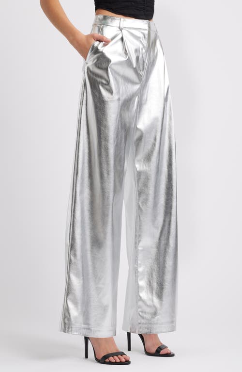 Open Edit Metallic Faux Leather Pants In Silver Metallic