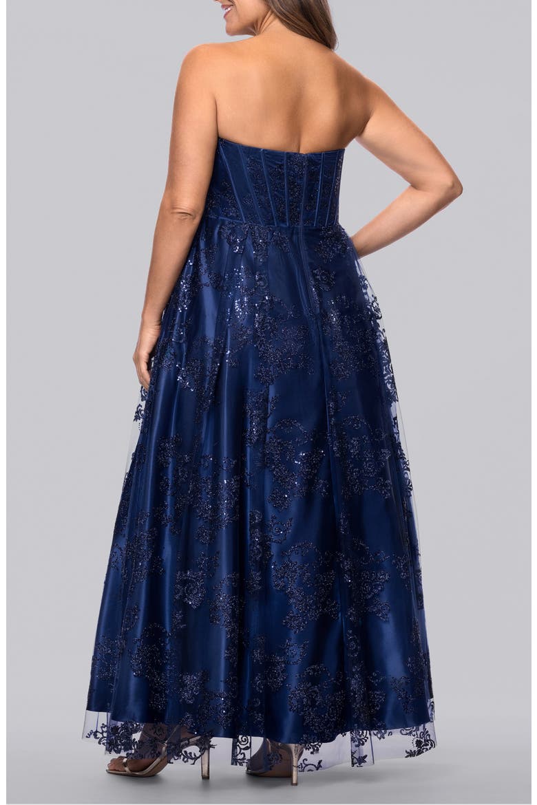 Glitter Mesh Corset Strapless A-Line Gown, Alternate, color, NAVY