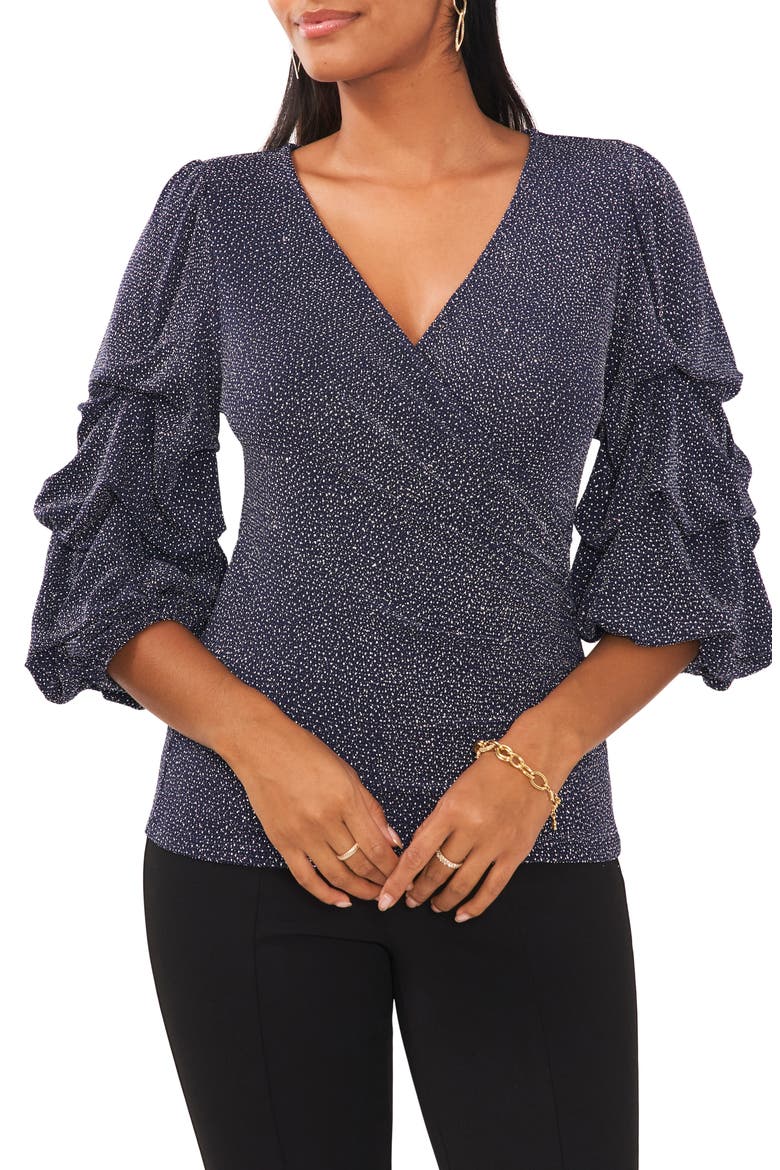 Surplice V-Neck Lantern Sleeve Blouse, Main, color, NAVY/SILVER