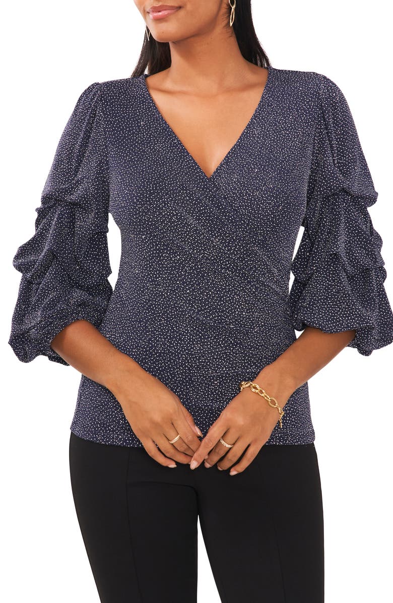 Chaus Surplice V-Neck Lantern Sleeve Blouse, Main, color, Navy/Silver