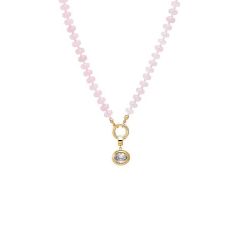 Colored Natural Stone Beaded /CZ Oval Bezel Charm Necklace