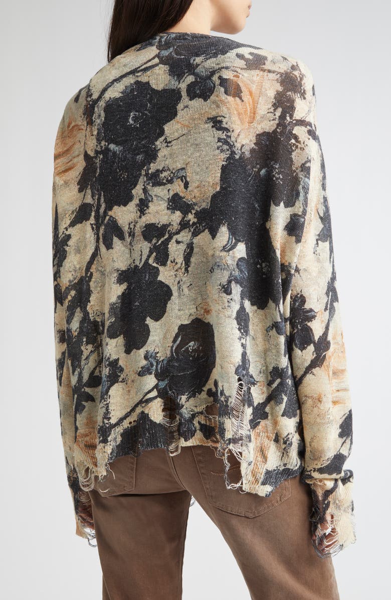 R13 Ripped Floral Linen Cardigan, Alternate, color, Black And Cream Floral