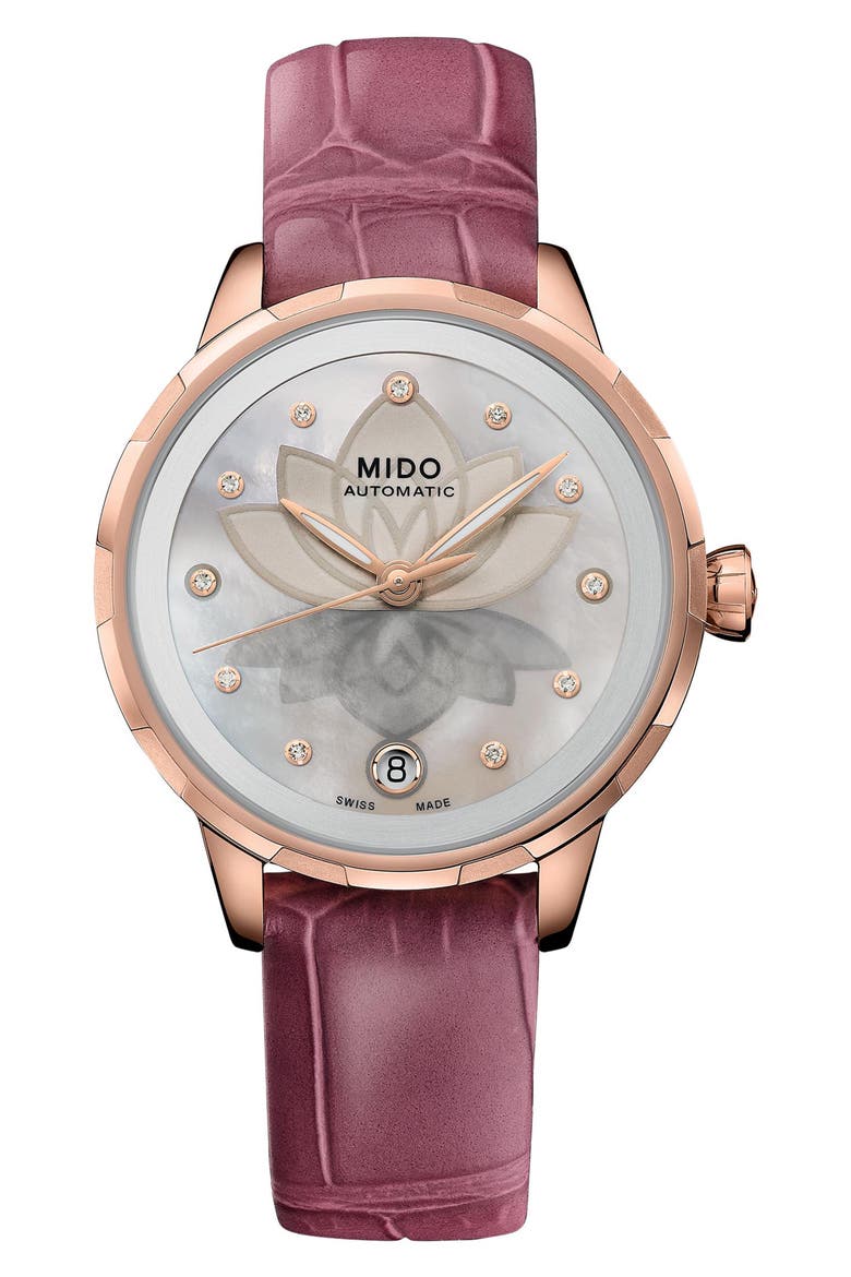 Rainflower Diamond Night Mode Automatic Leather Strap Watch, 34mm, Main, color, WHITE MOTHER OF PEARL