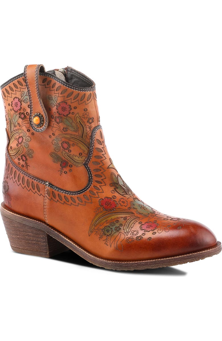 L'Artiste by Spring Step Galop Embossed Floral Leather Bootie, Main, color, Camel