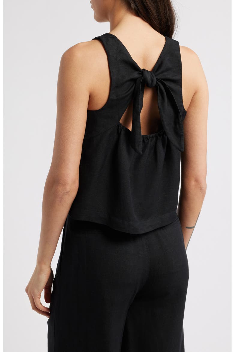 Birdie Tie Back Cutout Linen Blend Tank, Alternate, color, BLACK