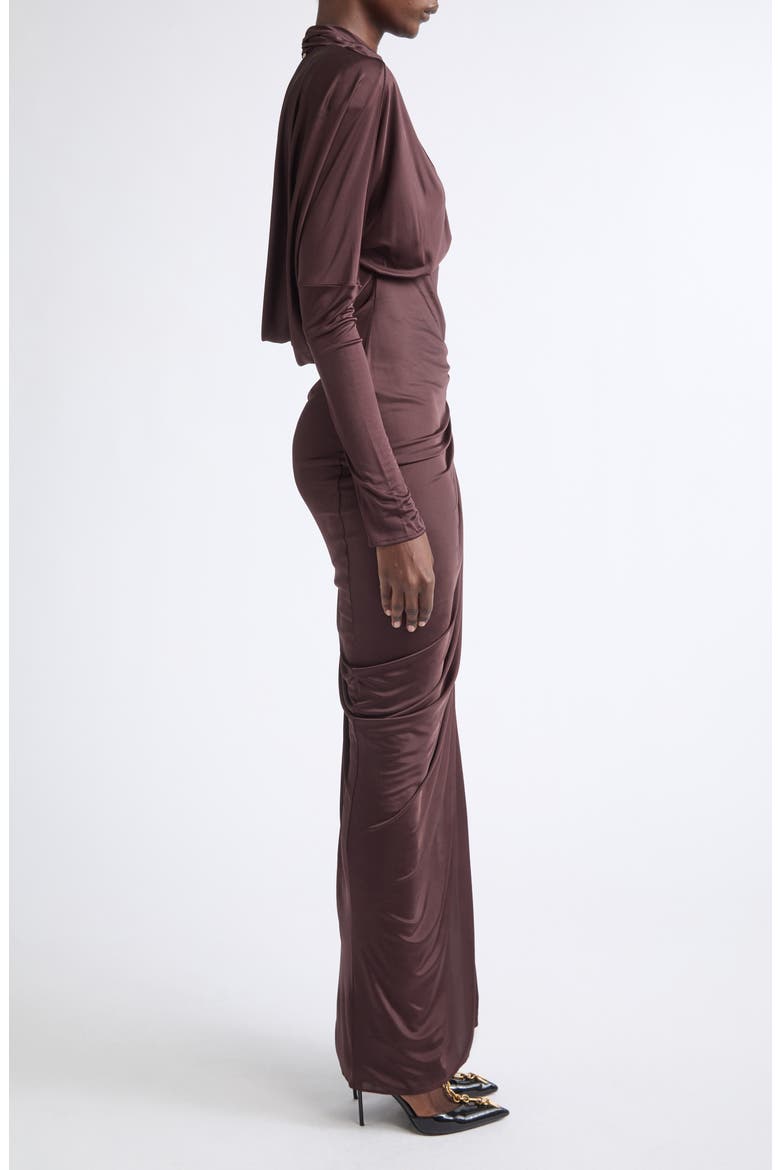 Open Back Ruched Viscose Jersey Gown, Alternate, color, A51 BROWN