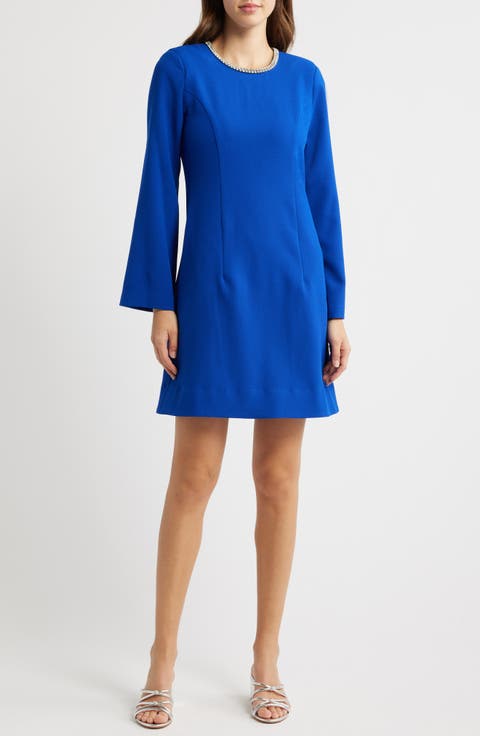 Rhinestone Trim Long Sleeve Sheath Dress