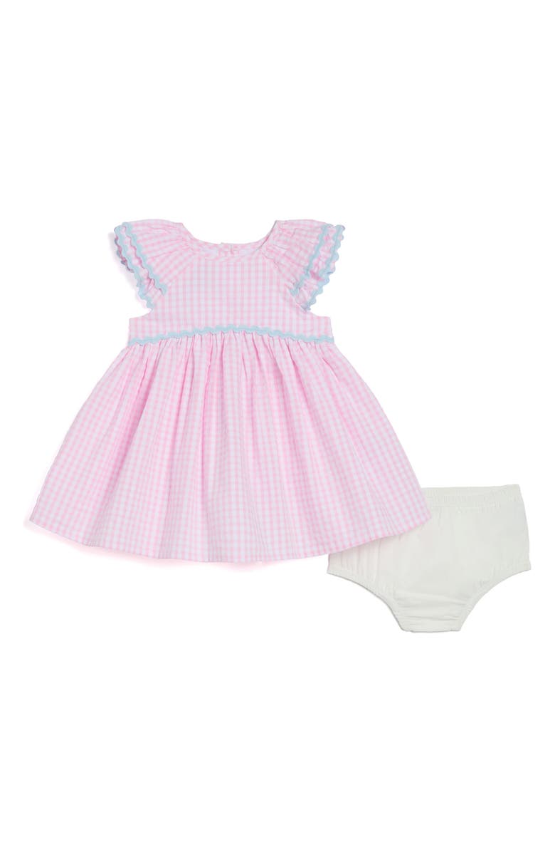 Pippa & Julie Gingham Flutter Sleeve Cotton Party Dress with Bloomers, Main, color, Pink